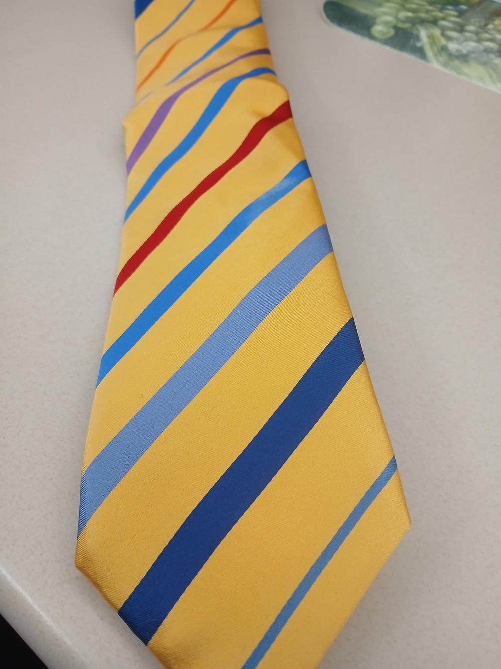 Bugatchi Yellow Tie with Blue, Light Blue and Red Stripes